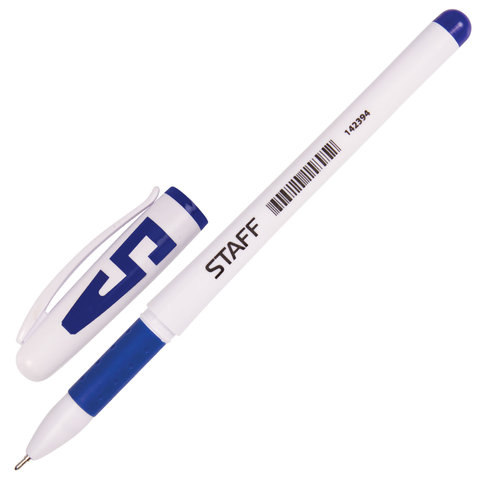 Ручка гелевая STAFF, корпус белый, игольч.узел 0,5мм, линия 0,35мм, резиновый упор,синяя, 142394